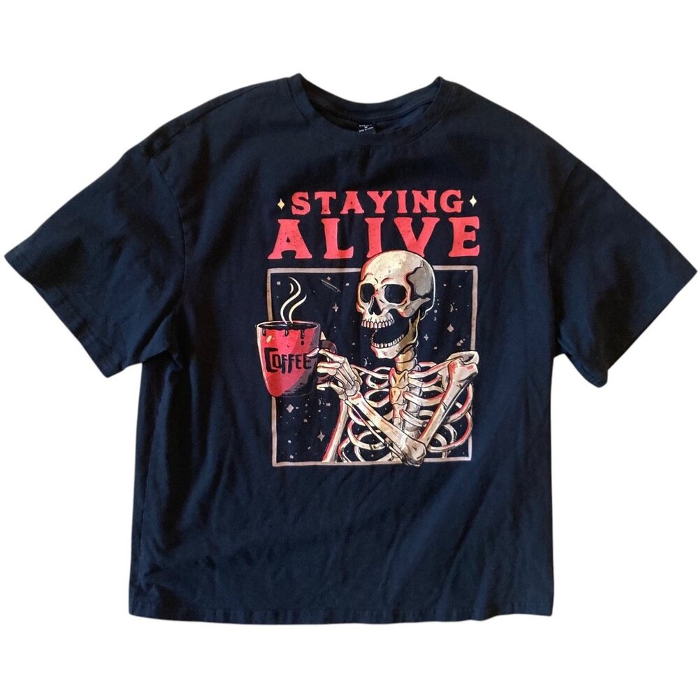 Men's SHEIN X Staying Alive Skeleton Drinking Coffee Graphic Tee T-Shirt Medium